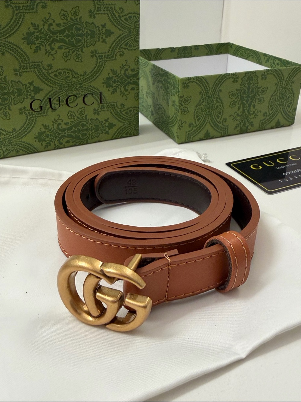 Gucci GG Marmont Leather Belt – Brown – Gold GG Buckle – Size 34–38